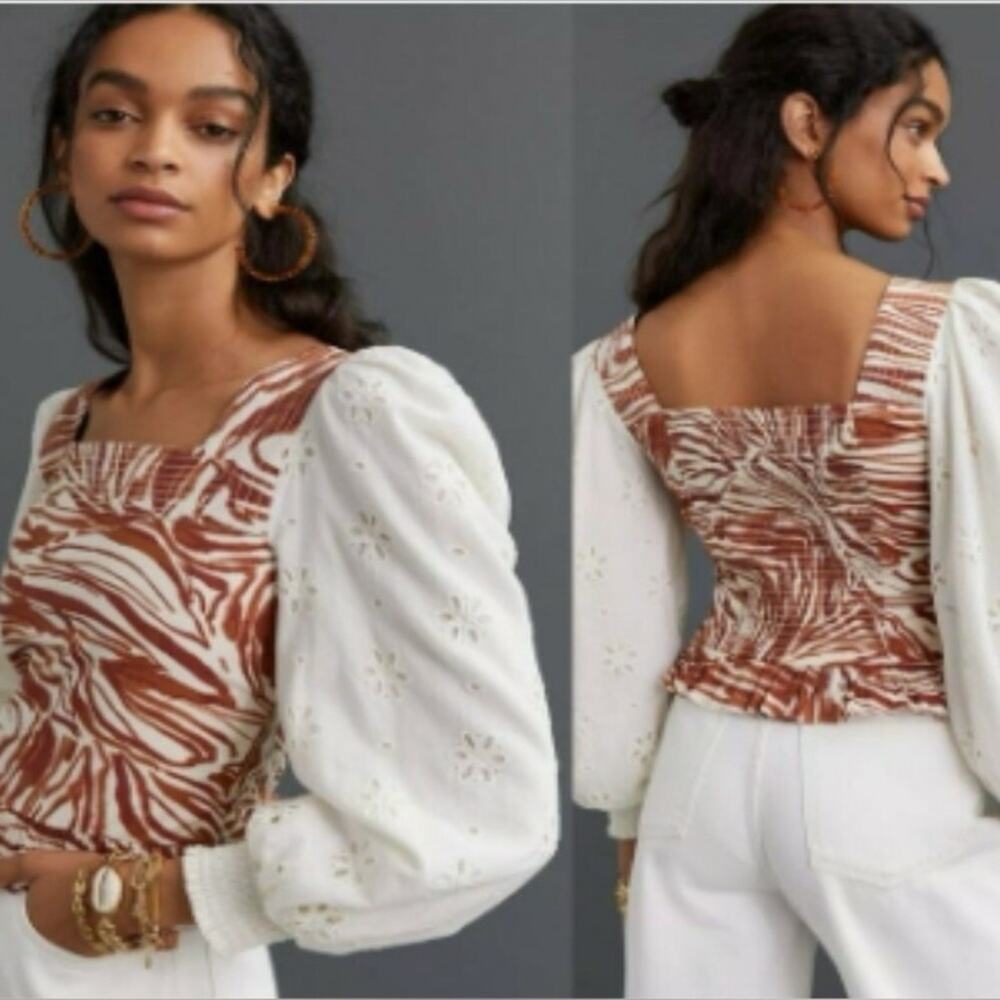 Anthropologie NWT Love The Label By Smocked Puff Sleeve Eyelet Blouse SZ Small